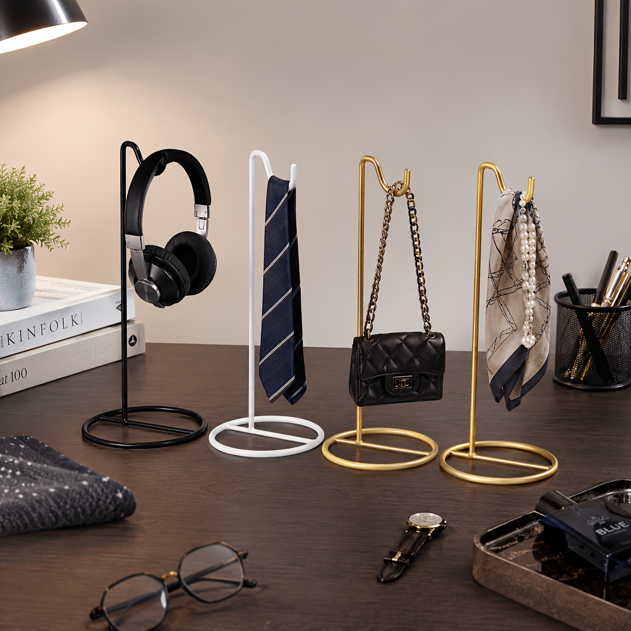 Headphone Stand Desk - แท่นวางของอเนกประสงค์บนโต๊ะ, แท่นวางหูฟัง, ที่แขวนกระเป๋าผ้าพันคอและเนคไทสำหรับโต๊ะเครื่องแป้ง ชั้นวางของบนโต๊ะทำงาน